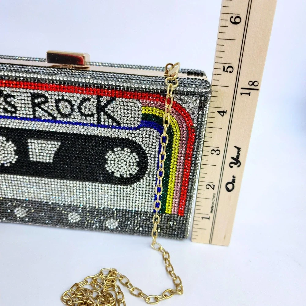 80s Rock Cassette Tape Rhinestone Box Clutch Bag  Crystal Minaudiere Retro